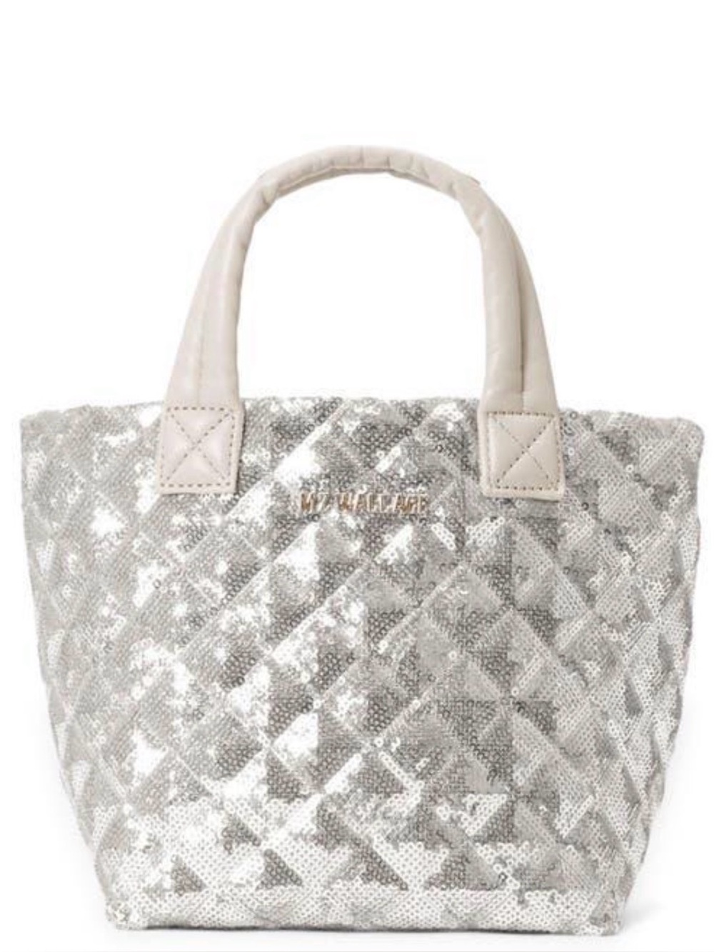 MZ Wallace Silver Sequin Mini Tote Crossbody Bag | Quilted Sparkle Purse